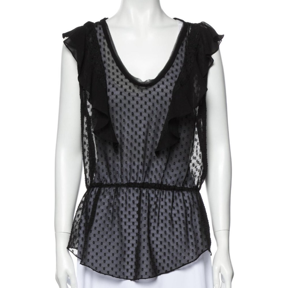 REBECCA TAYLOR Black Swiss Dot Ruffle Blouse M 8